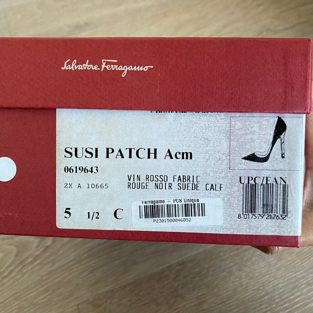 SALVATORE FERRAGAMO Susi Patch Burgundy Suede Pointy Toe Pumps Size 5.5 BNWT - Picture 15 of 15